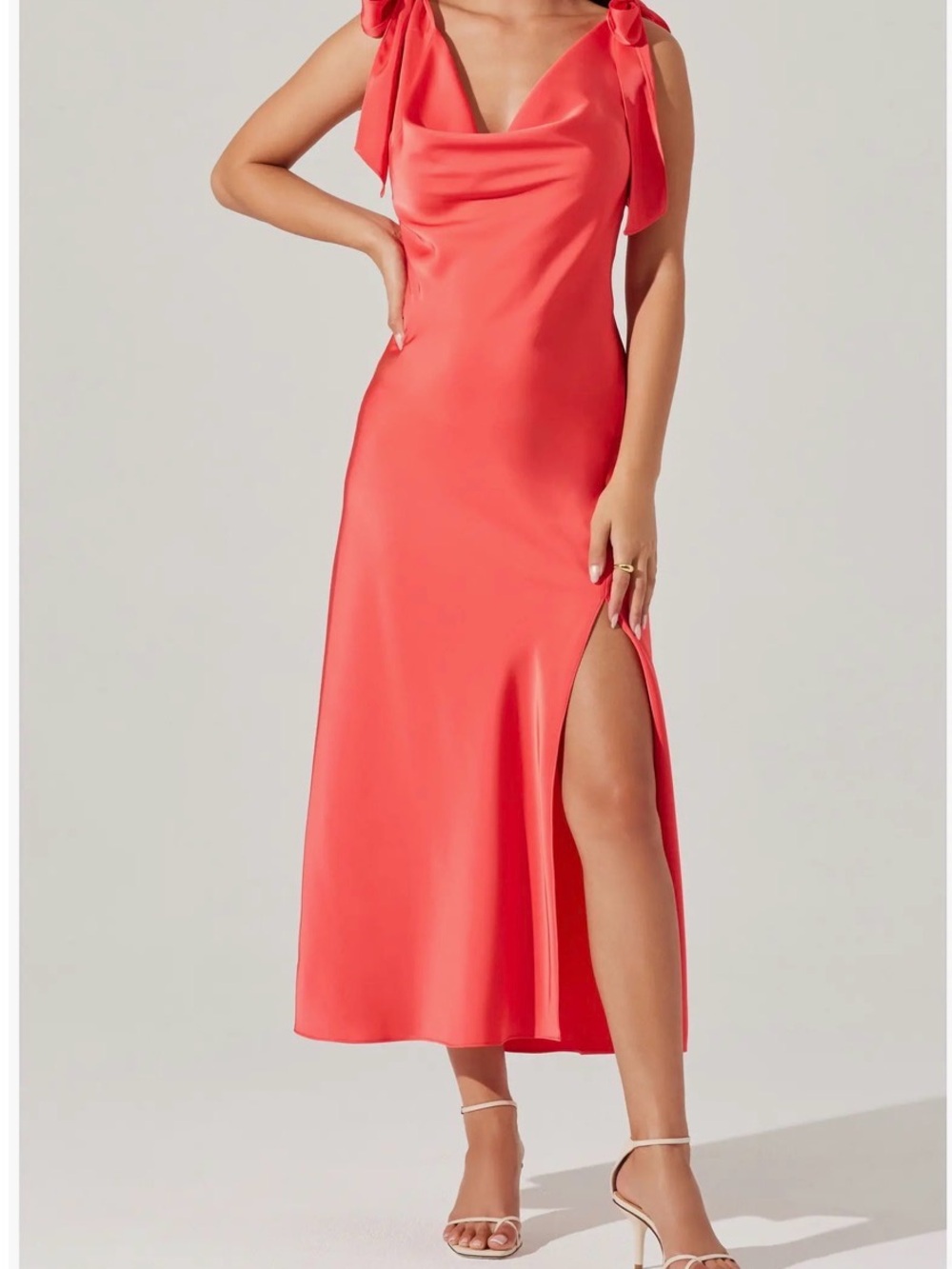 Astr Coral Satin Tie-Shoulder Midi Dress